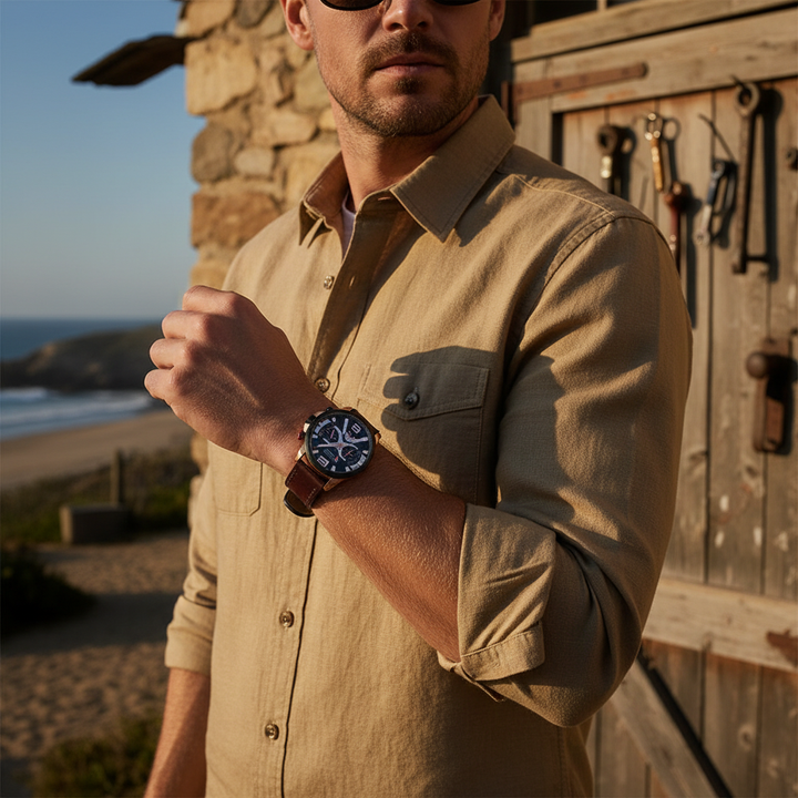 Side view of durable men's classic chronograph watch, highlighting the polished silver case and textured brown leather strap.