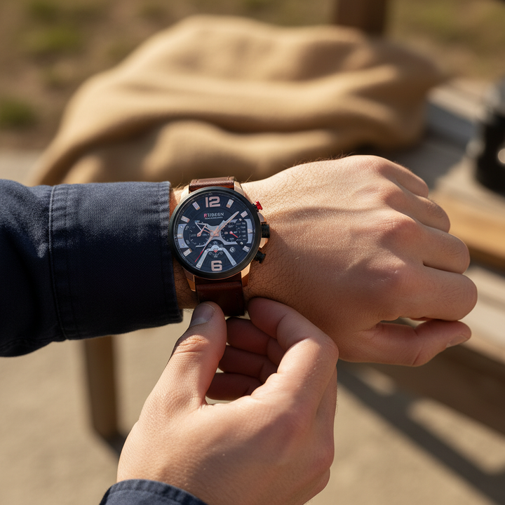 Men's watch on wrist, showcasing the elegant brown leather band and the timeless design of the chronograph timepiece.