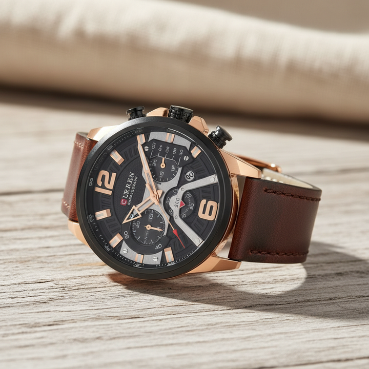 Detailed shot of the buckle on a men's leather strap chronograph watch, emphasizing the quality and robust design.