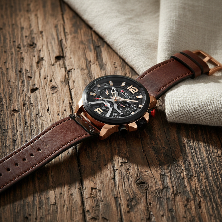 Overhead view of a men's classic chronograph watch, emphasizing its symmetry and the rich texture of the leather band.