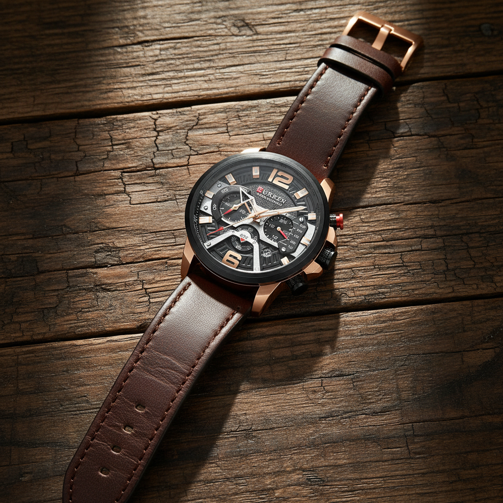 Men's accessory: A stylish chronograph watch with a premium leather band, ideal for formal and casual wear.
