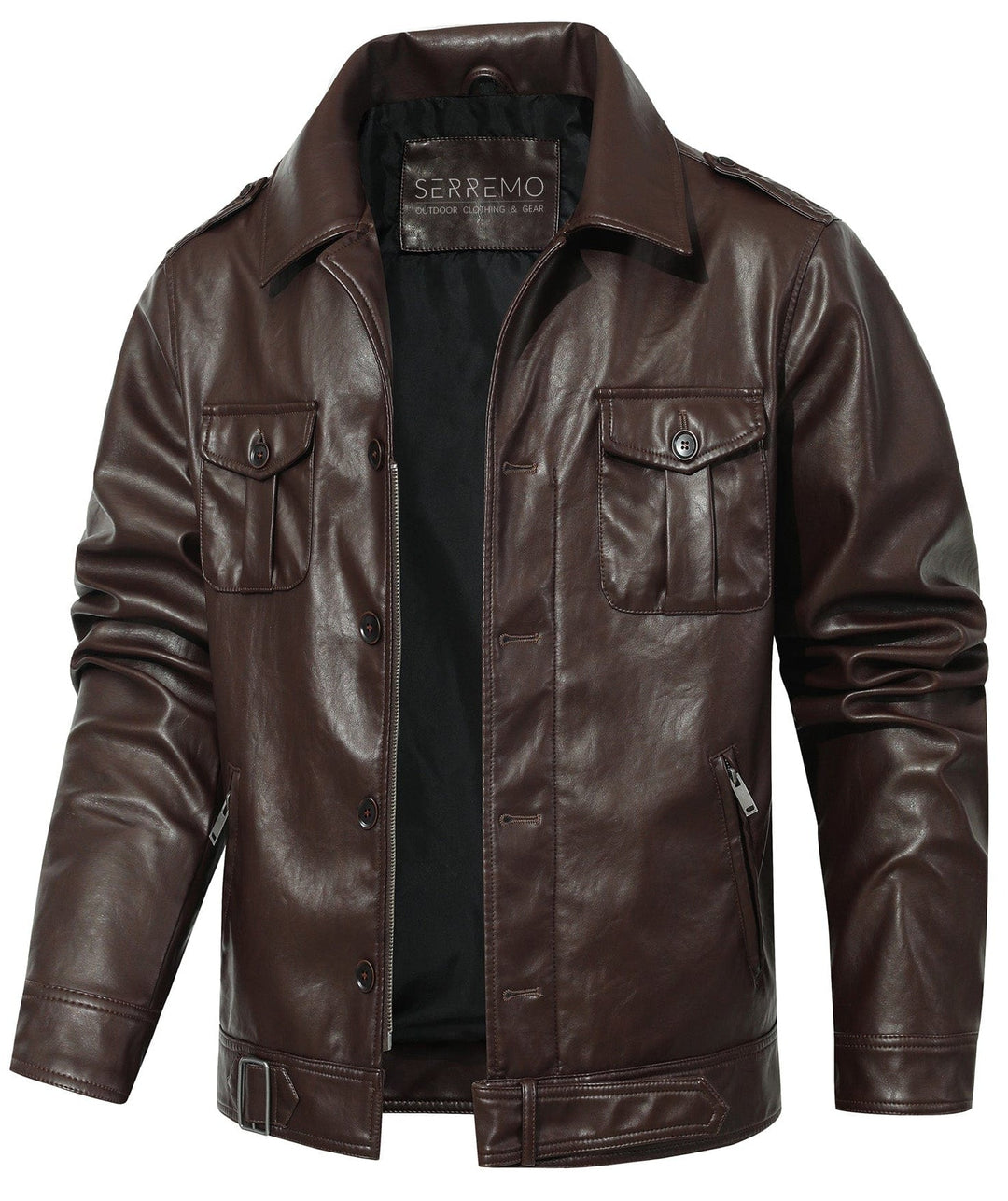 Men's classic coffee faux leather jacket, front view, for versatile men's fashion
