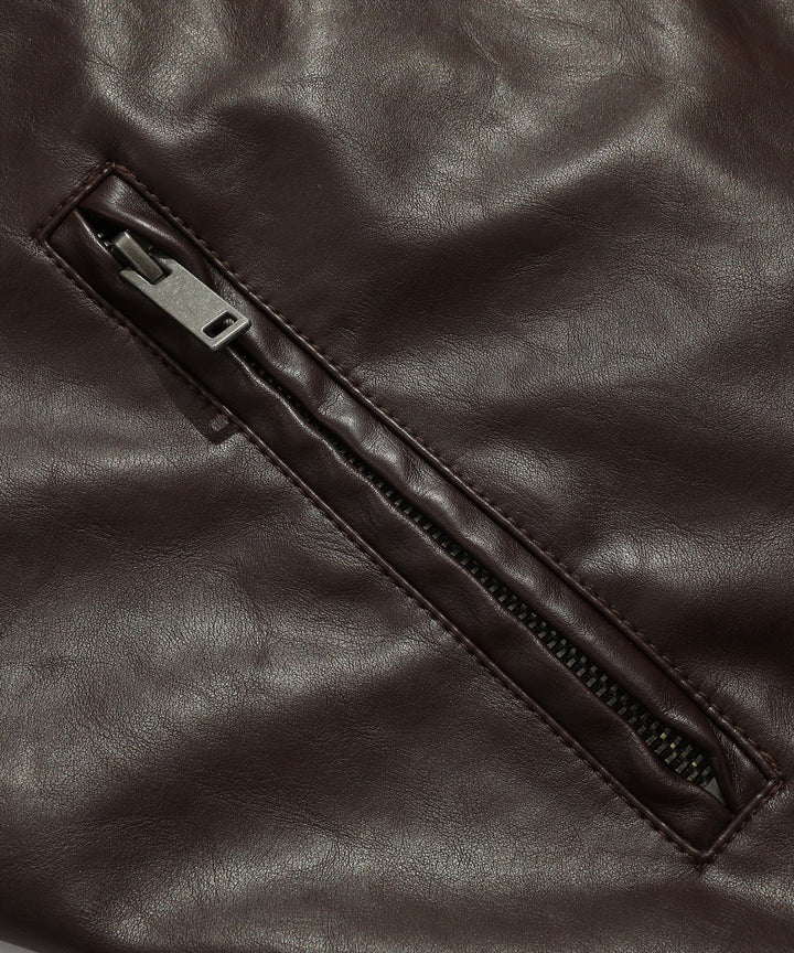 Sleeve detail of a men's coffee faux leather jacket, classic and fashionable