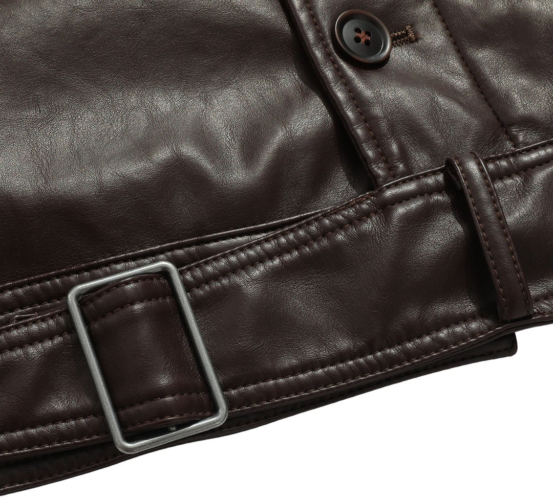 Stylish man in a casual outfit featuring a coffee faux leather jacket