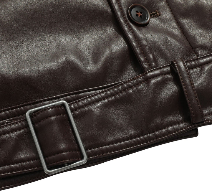 Stylish man in a casual outfit featuring a coffee faux leather jacket