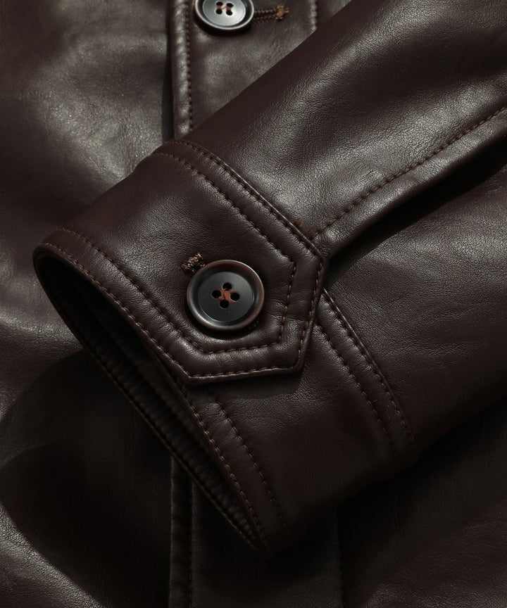 Men's apparel showcase: coffee faux leather jacket paired with a t-shirt