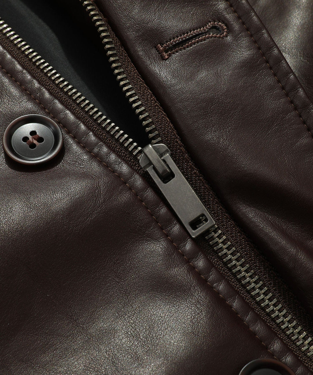 Zoomed-in shot of the faux leather material on the coffee jacket, classic style