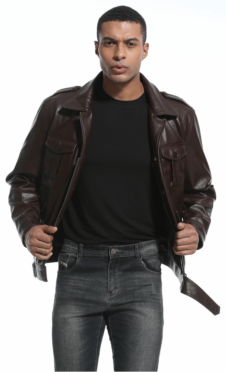 Men's faux leather jacket in coffee, side view, showing classic cut and detail