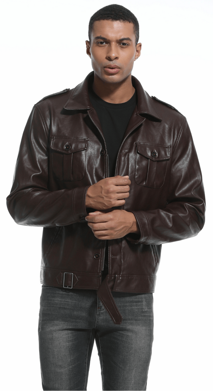 Back view of men's classic coffee faux leather jacket, versatile apparel