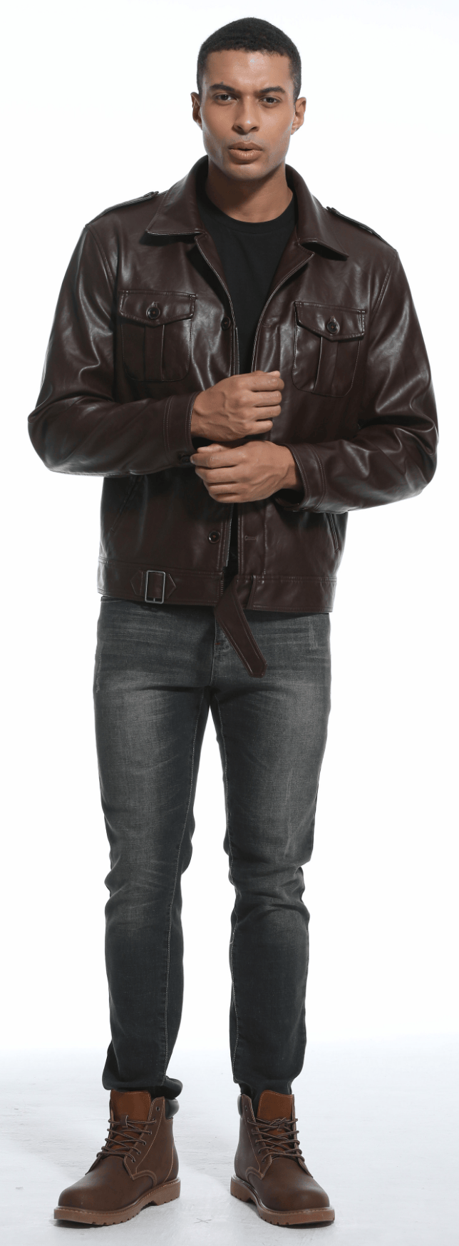 Man wearing a classic coffee faux leather jacket, styled for men's fashion