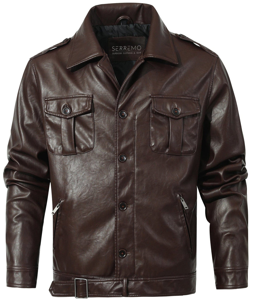Detailed zipper of men's coffee faux leather jacket, outerwear and apparel