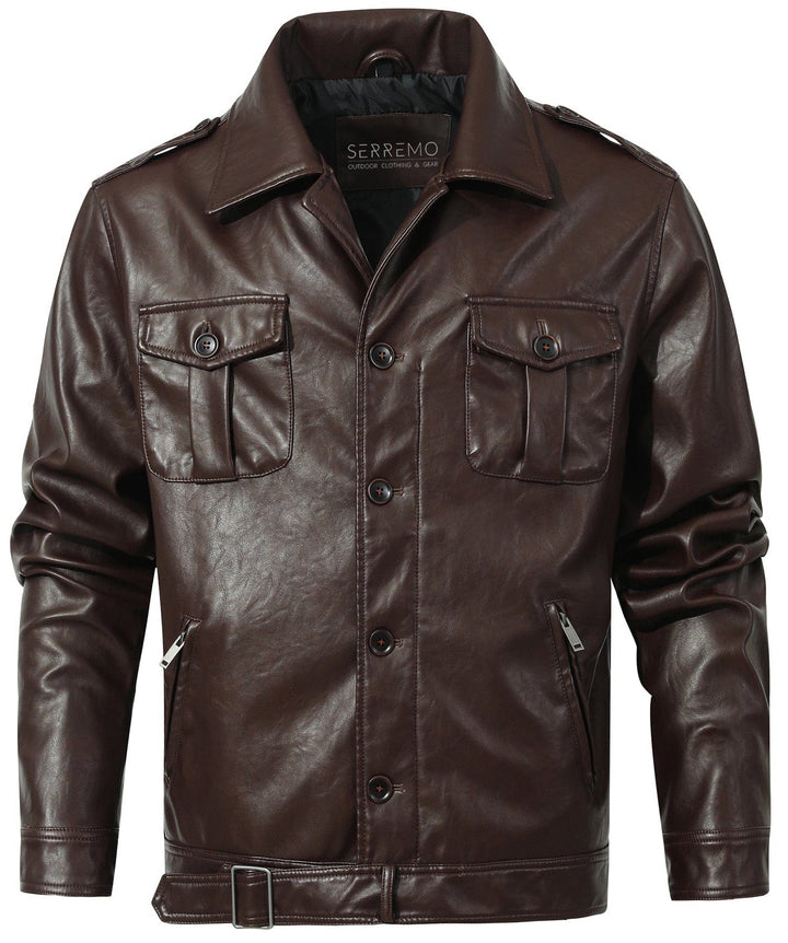 Detailed zipper of men's coffee faux leather jacket, outerwear and apparel