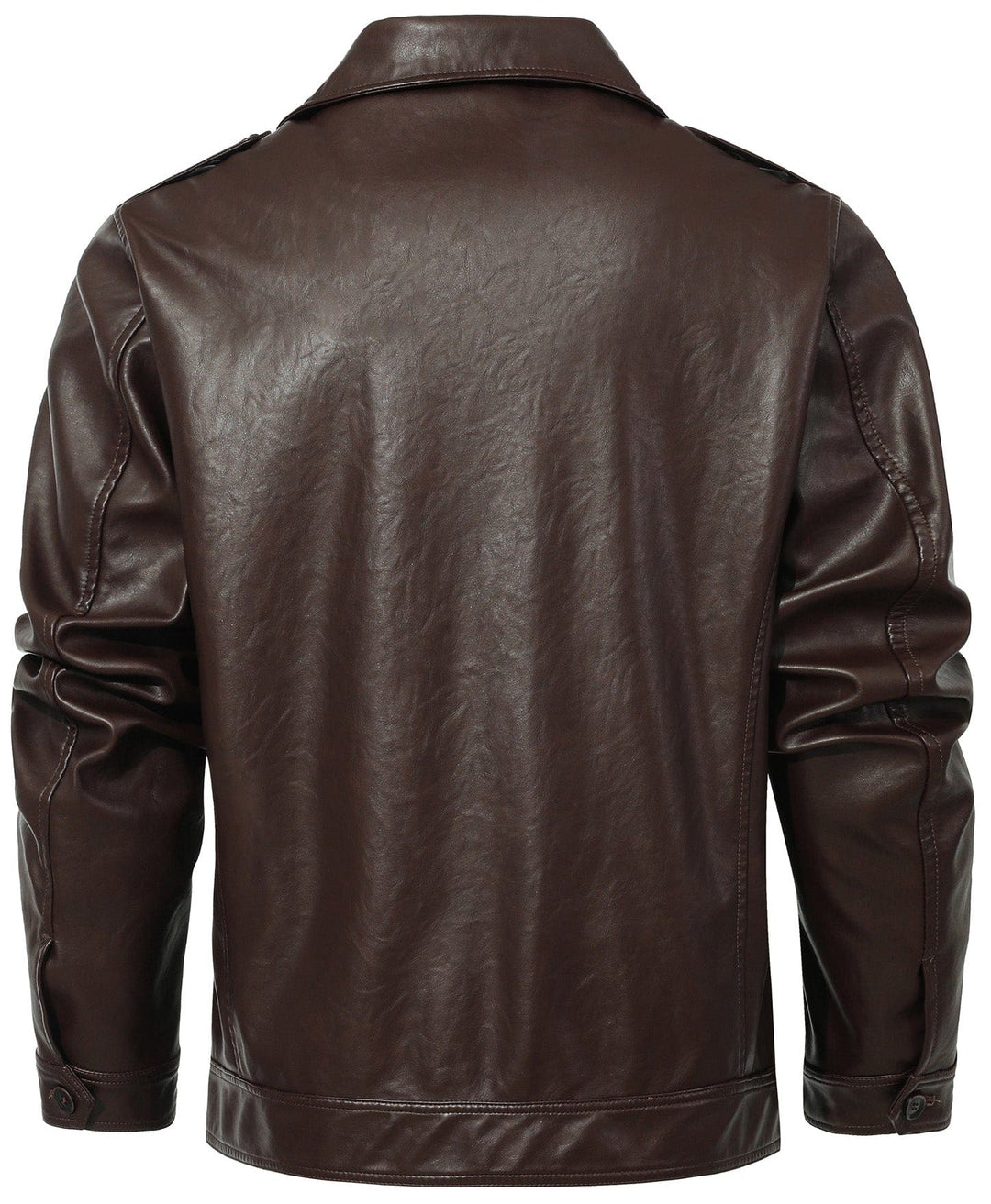 Collar of men's classic coffee faux leather jacket, stylish and versatile