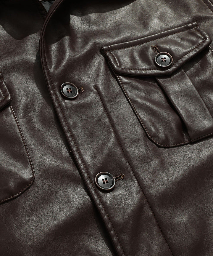 Full length shot of men's classic coffee faux leather jacket, versatile outerwear