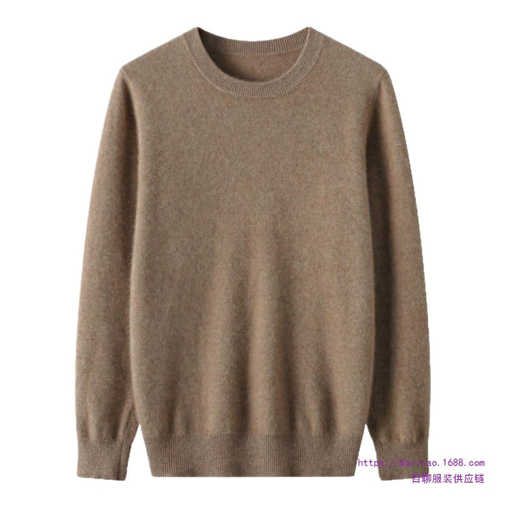 Casual outfit featuring a men's cream cashmere blend crewneck sweater, classic and soft