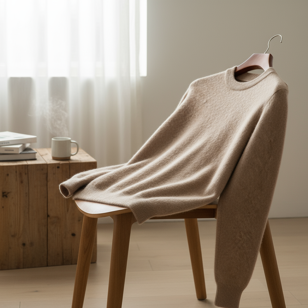 Close-up of premium cashmere blend fabric on a men's knit sweater, showcasing softness