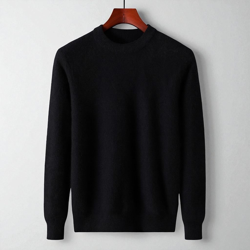 Model from torso up wearing a high-quality mens cashmere blend crewneck sweater