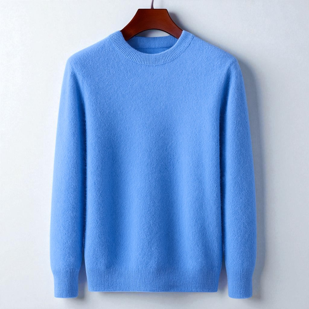 Men's luxury cashmere blend crewneck sweater in a deep burgundy color, classic winter style