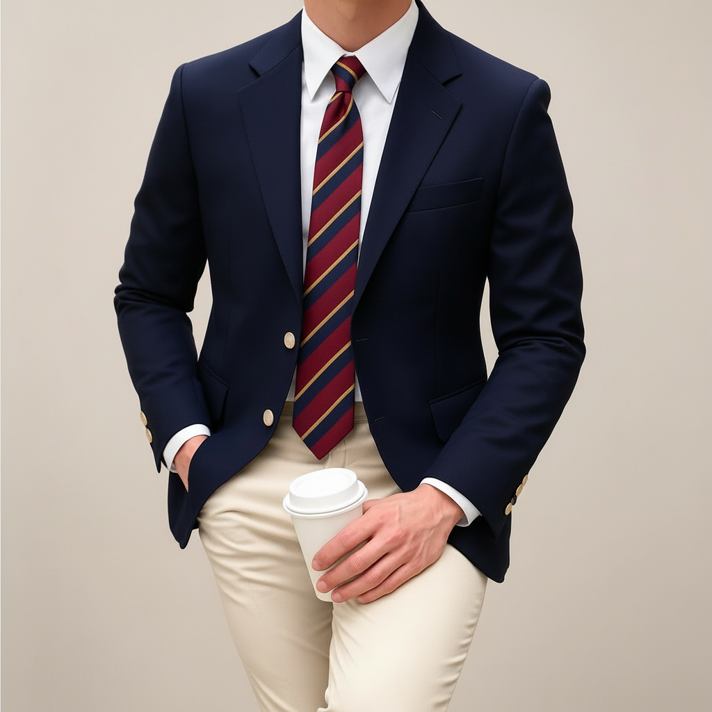 Classic fit men's dark blue blazer featuring a notch lapel & stylish gold accents, perfect for formal or casual outfits.