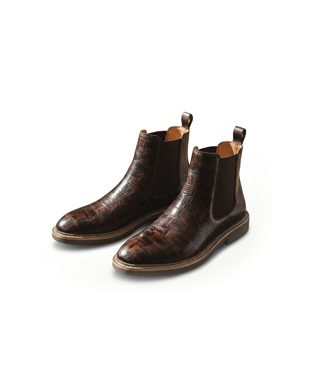 Men's classic dark brown leather Chelsea boots, side view, slip-on ankle boots