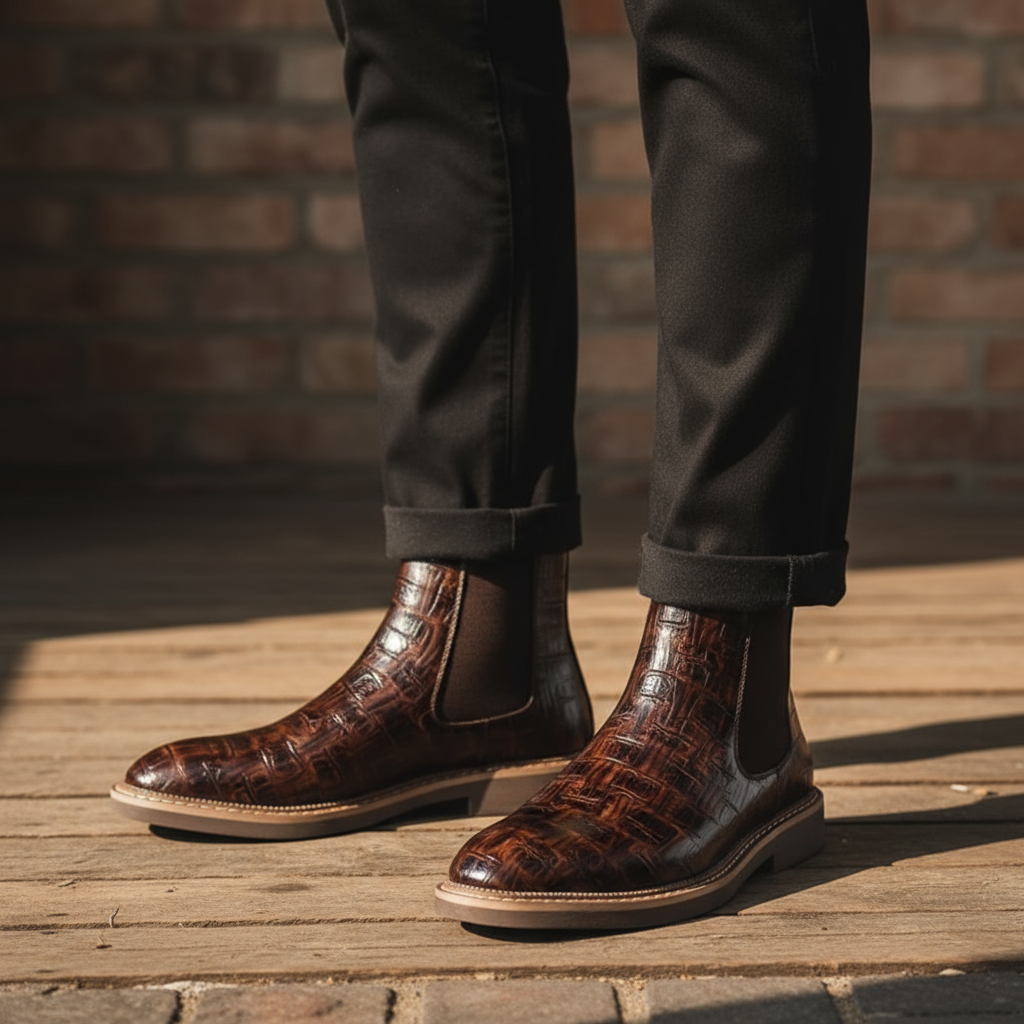 Pair of men's dark brown leather Chelsea boots, front view, elegant slip-on design