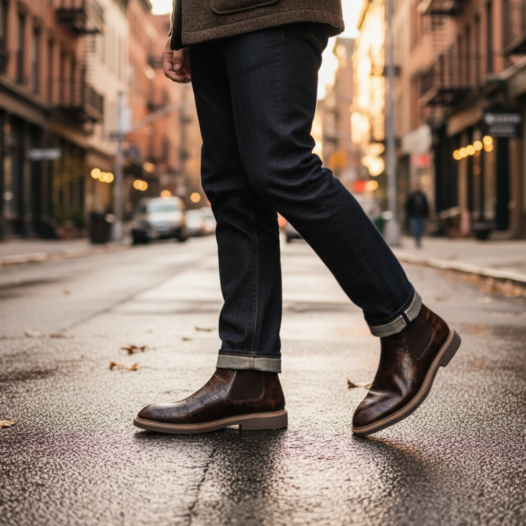 Men's black leather Chelsea boots, angled view, showcasing elastic side panels, classic footwear