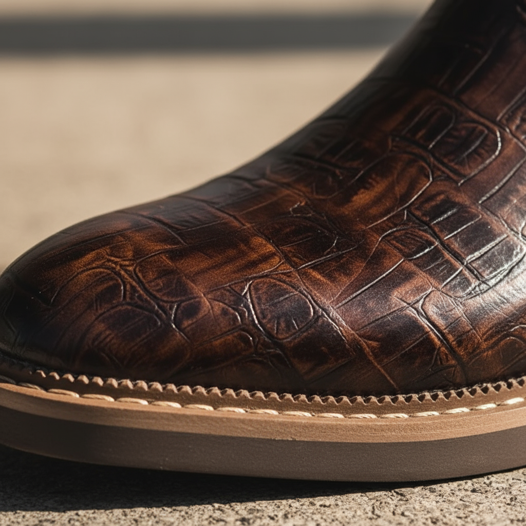 Close-up of the smooth leather texture on men's classic Chelsea boots, durable and stylish