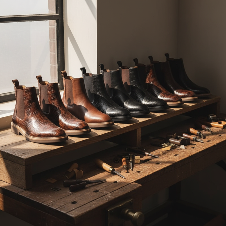 Bottom sole of men's leather Chelsea boots, highlighting grip and durability for everyday wear