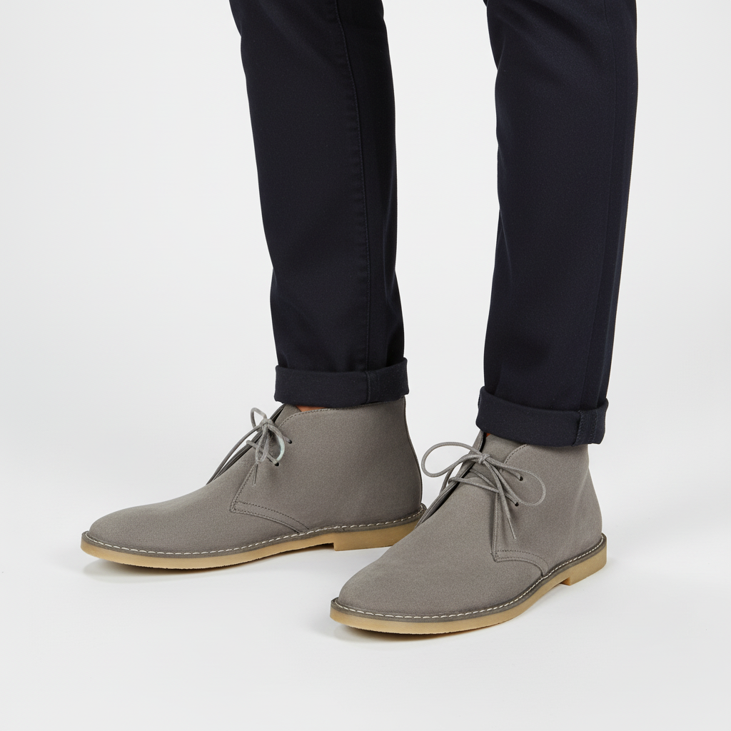 Men's desert boots worn with casual outfit, highlighting versatile, comfortable & timeless fashion appeal.