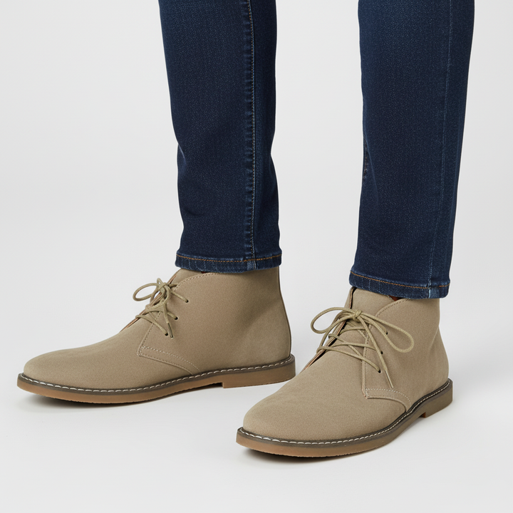 Classic brown men's desert boots, combining vintage style with modern comfort for timeless everyday wear.