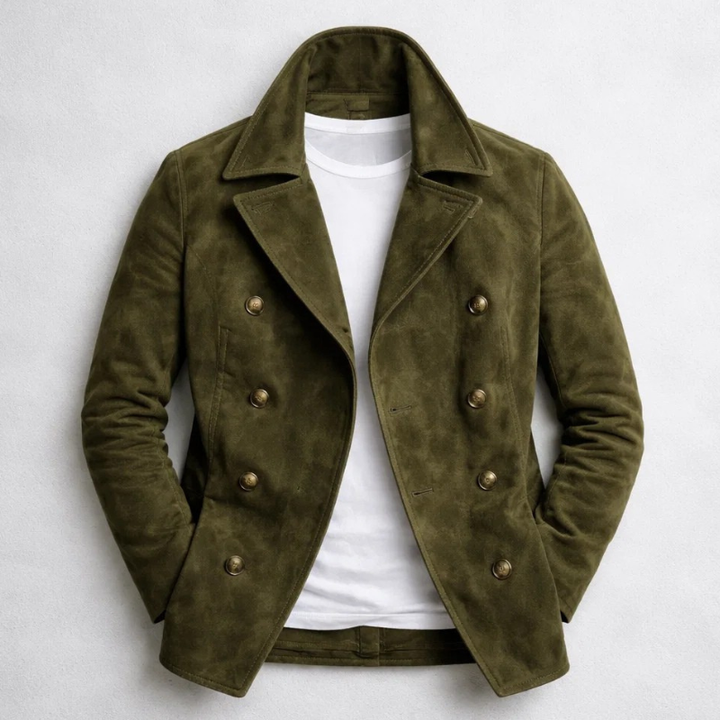 Warm men's double-breasted pea coat, a classic tailored jacket offering timeless style for winter outerwear.