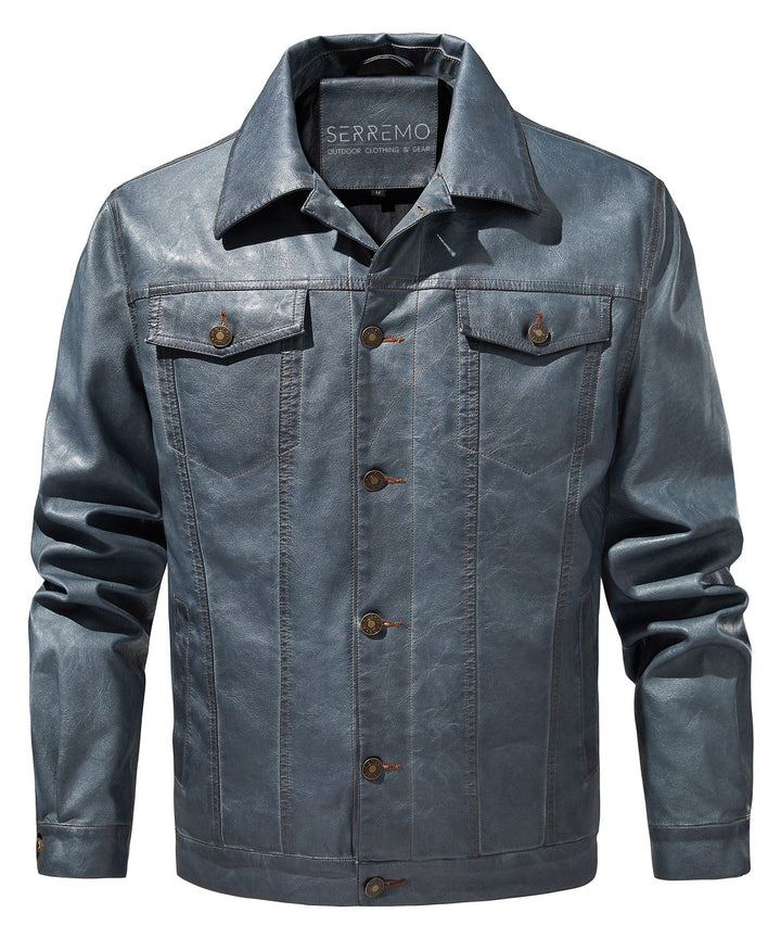 Stylish men's black faux leather biker jacket, angled view, showing lapels and pockets, outerwear apparel