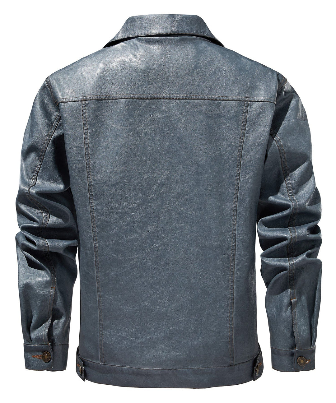 Close-up of men's faux leather biker jacket texture, showing stitch detail and material quality, classic