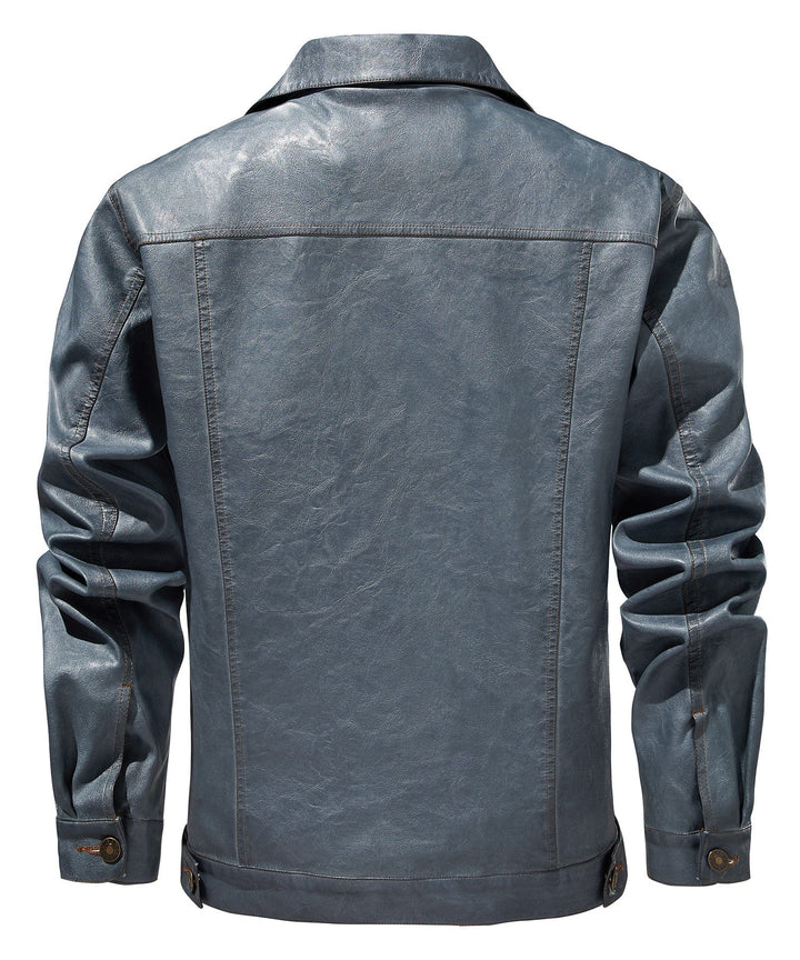 Close-up of men's faux leather biker jacket texture, showing stitch detail and material quality, classic
