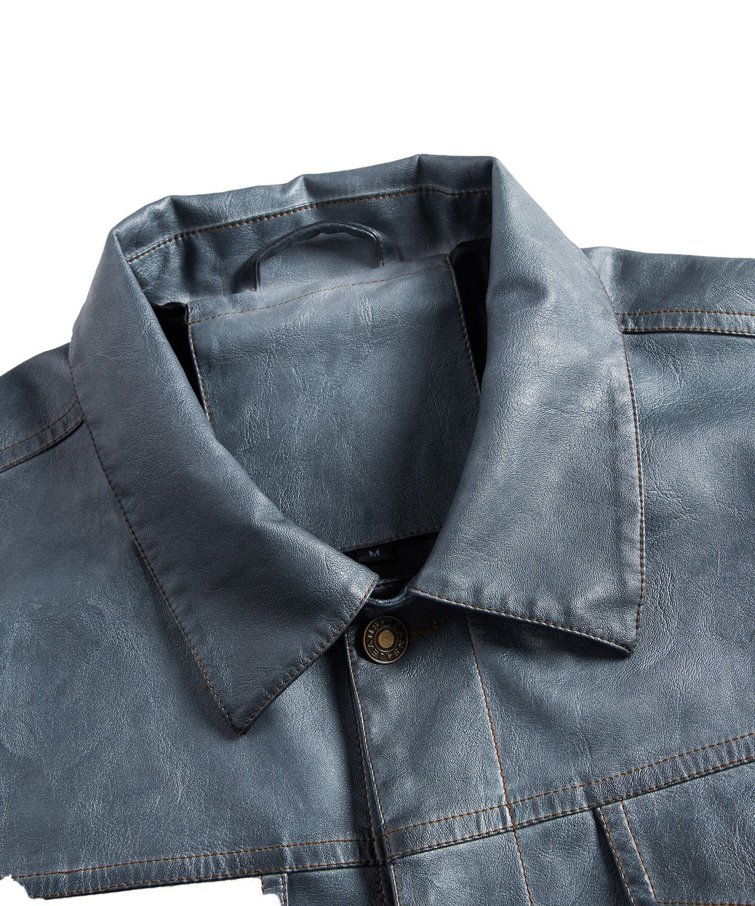 Back view of men's classic black faux leather biker jacket, showcasing fit and design, spring, fall fashion