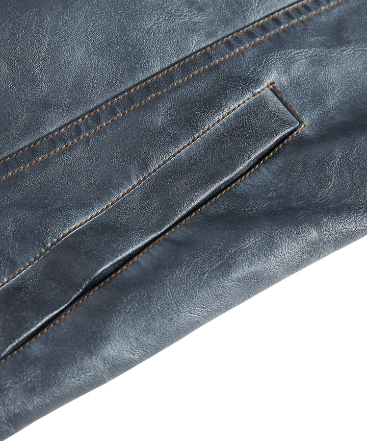 Side profile of men's faux leather biker jacket, highlighting sleeve design and waist, biker style