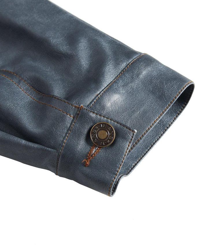 Faux leather biker jacket for men, open front with t-shirt visible, casual and fashionable spring wear