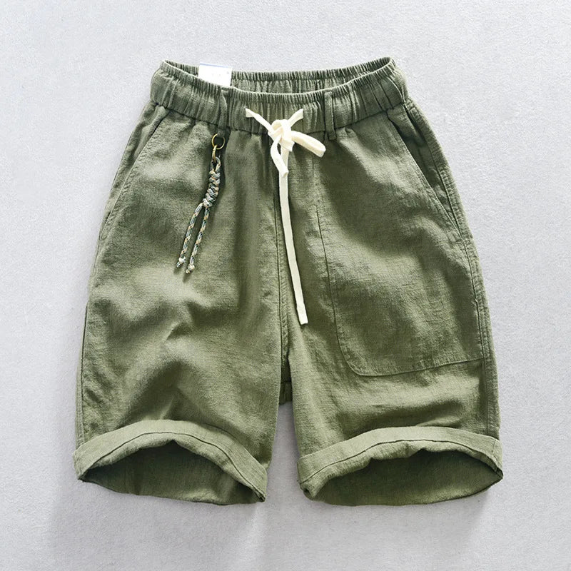 Men's classic fit linen blend summer shorts with drawstring waist and rolled hem, ideal for casual wear.