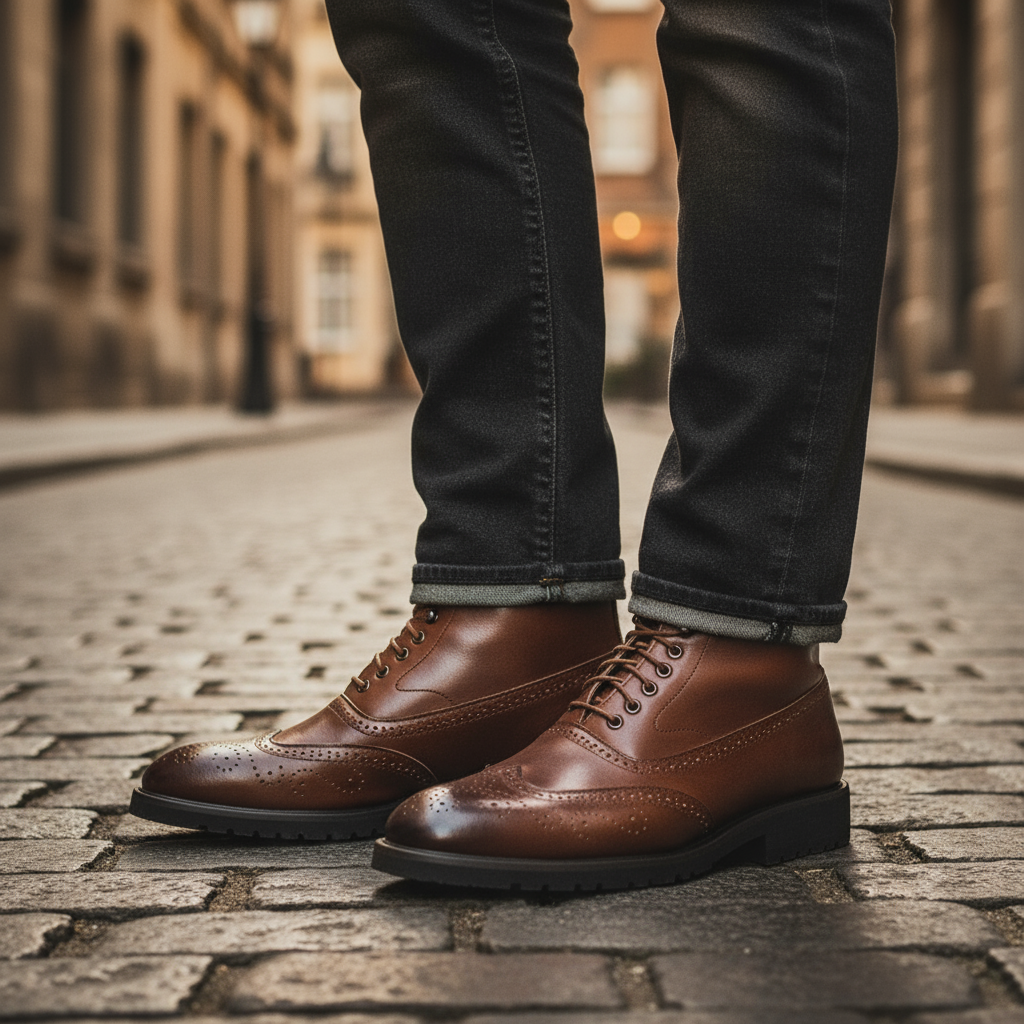 Close-up of the full-grain leather texture on men's classic ankle boots with detailed stitching.