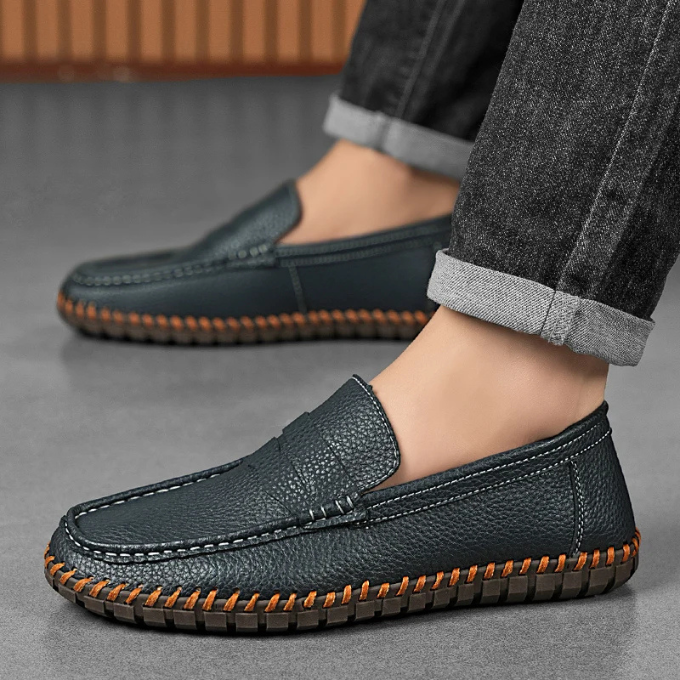 Detail of the stitching on men's full-grain leather moccasin style loafers