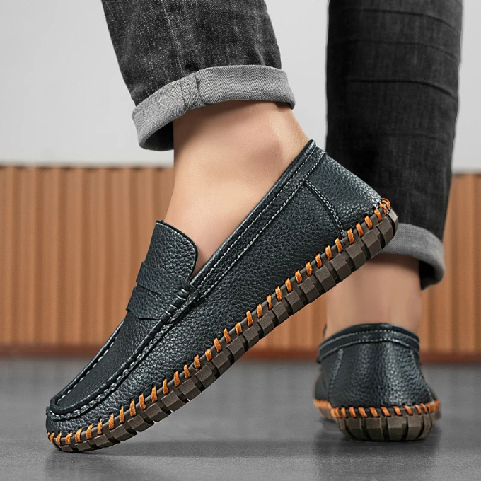 Pair of men's comfortable full-grain leather loafers, essential mens footwear