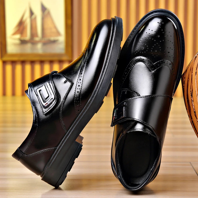 Close-up of the sole and heel of men's full-grain leather dress shoes, durable and professional