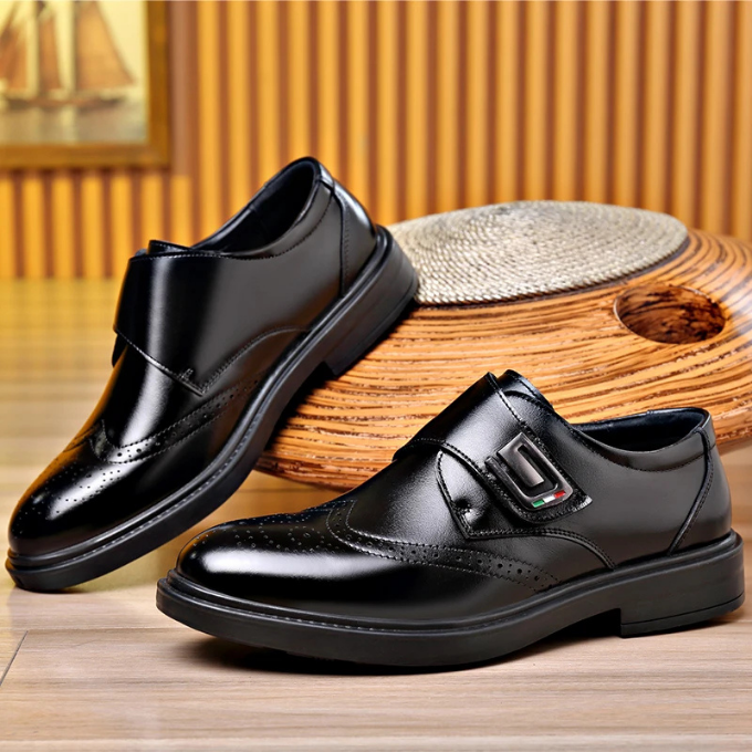 Men's classic leather dress shoes, showcasing a sleek and shiny upper, perfect for business