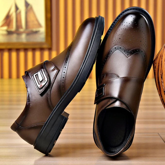 Men's classic full-grain leather dress shoes in a retail display, ideal for formal business attire