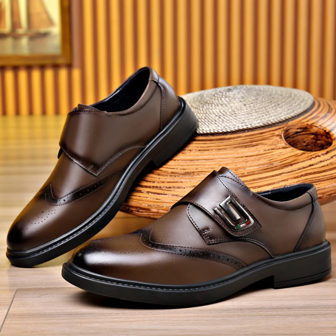 Top view of men's formal leather dress shoes, showcasing classic oxford and professional style