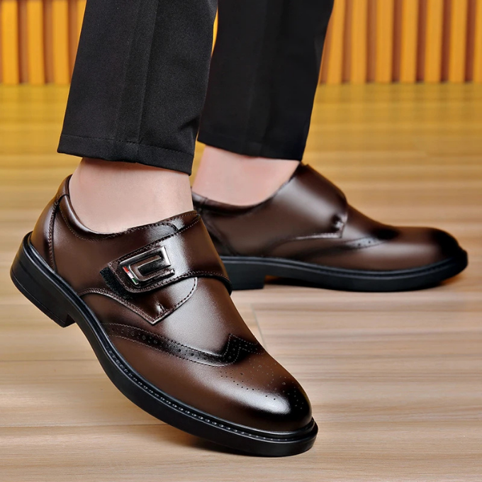 Detail of stitching on men's full-grain leather dress shoes, highlighting artisan quality