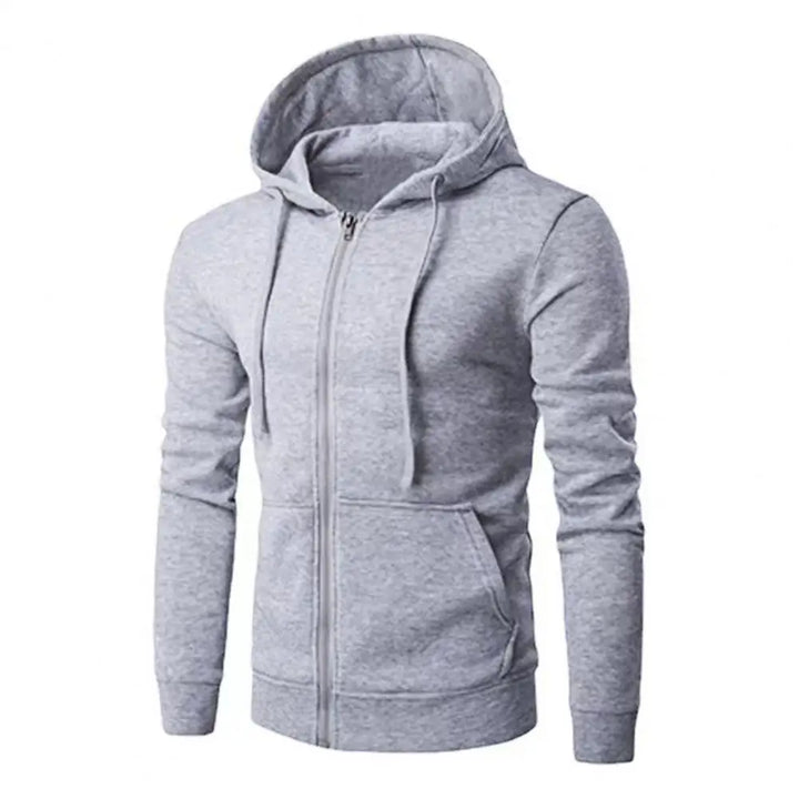 Close-up of the zipper detail on a men's comfortable urban hoodie, suitable for streetwear.