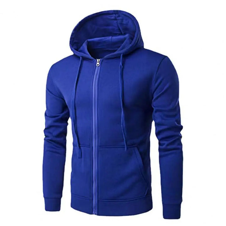 Back view of men's grey zip-up hoodie, a staple for urban fashion and layering.