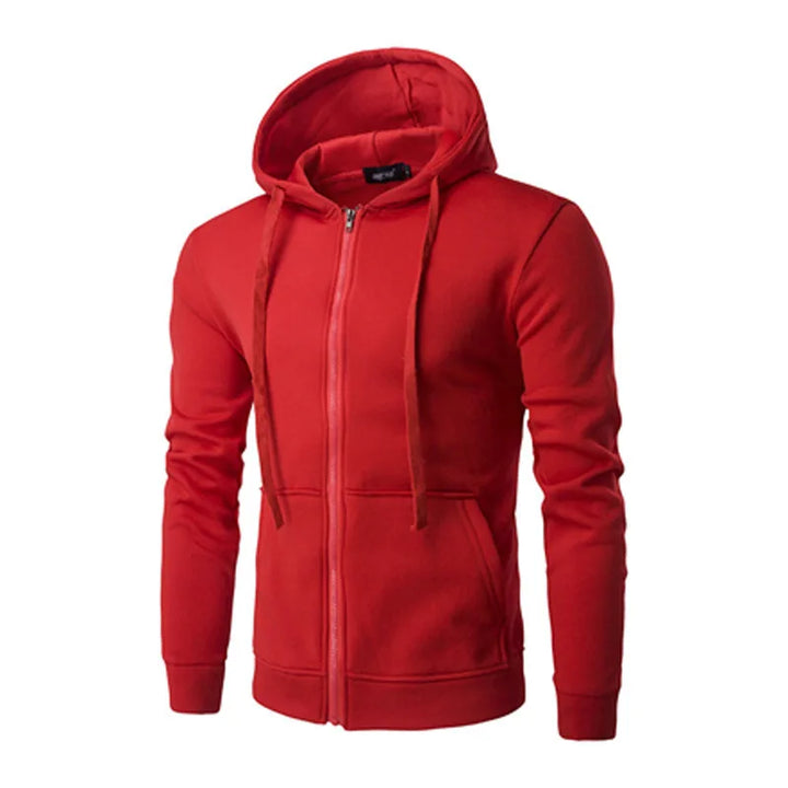 Model wearing a men's full zip urban hoodie, demonstrating its comfortable, casual fit.