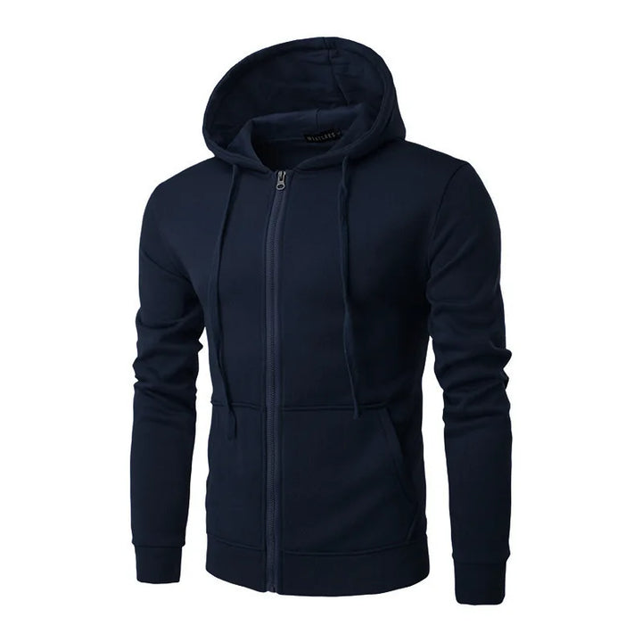 Stack of men's classic full zip hoodies in various colors, essential for urban layering.